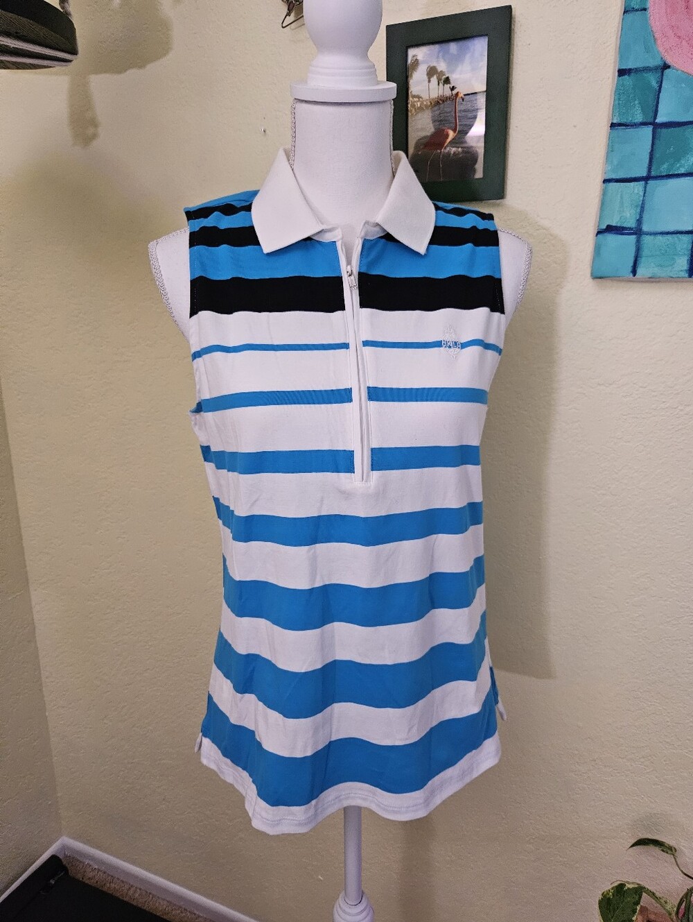 Lauren Ralph Lauren Striped Sleeveless Polo Top - Blue & White Sz M